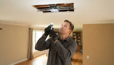 Naperville, IL electrician inspects ceiling box and framing for safe ceiling fan installation