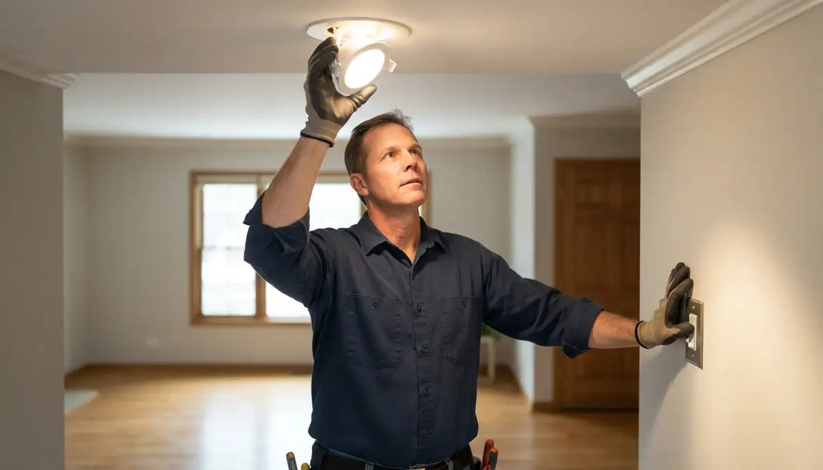 Naperville, IL electrician tests dimmer and aims a new light fixture during home lighting installation