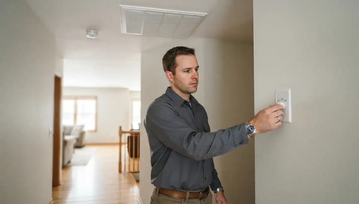 Technician tests whole-house fan wall speed control beneath ceiling grille in Naperville, IL