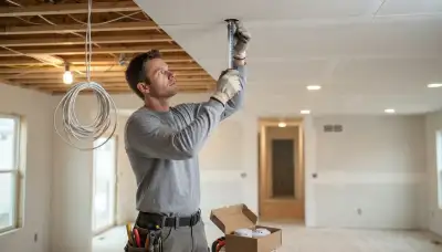 Electrician mapping ceiling locations for fire alarm devices in a Naperville, IL home