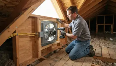 Electrician securing and wiring an attic fan in Naperville, IL