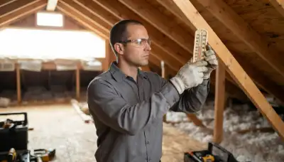Technician measures attic heat with a thermometer during ventilation assessment for attic fan installation in Napervi...