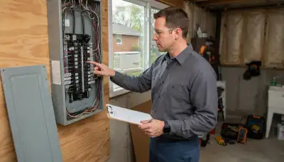 Electrician traces essential circuits in an open electrical panel for generator sizing in Naperville, IL