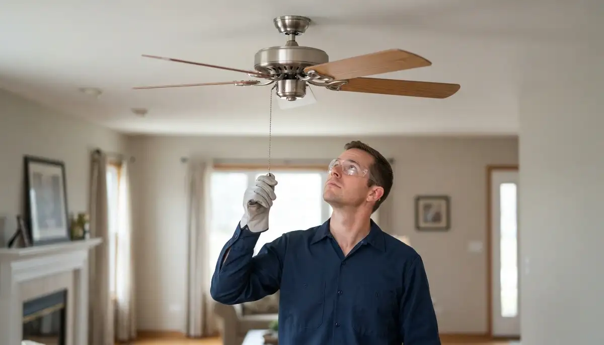 Electrician checks ceiling fan blade balance before startup in a Naperville, IL home