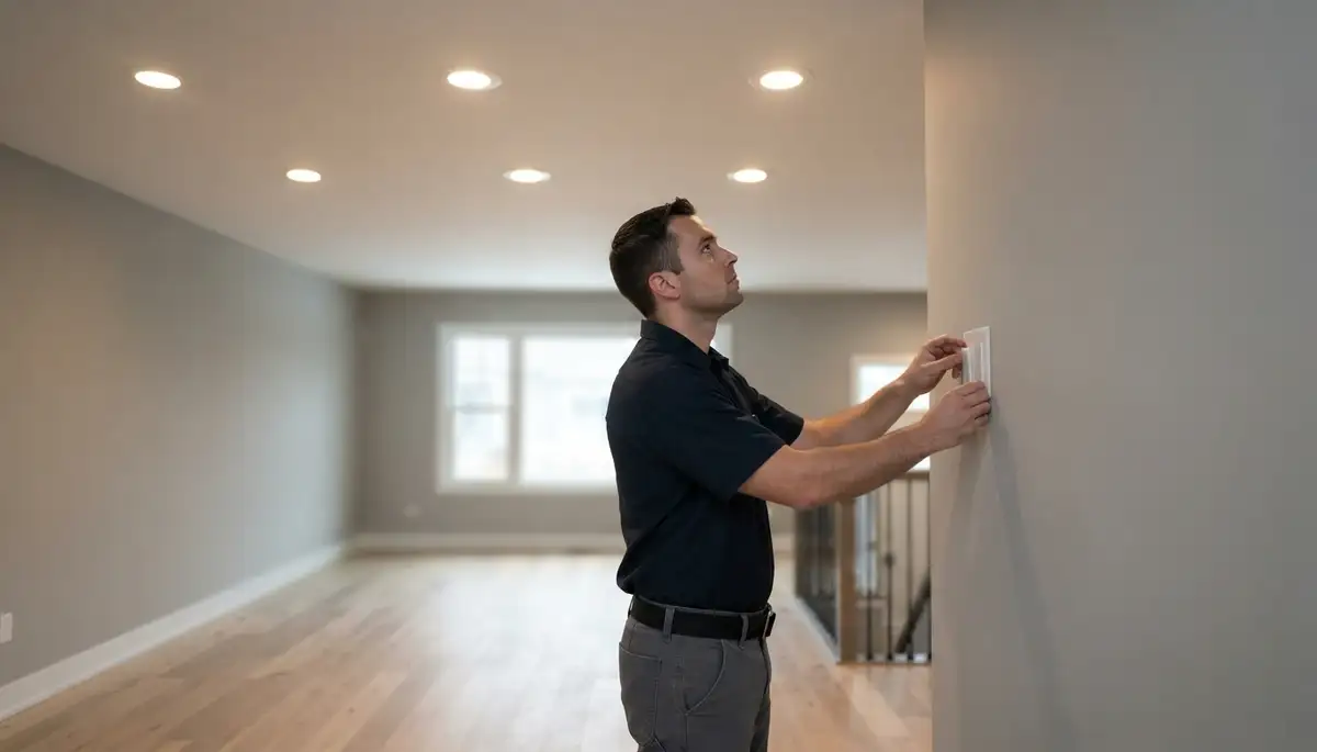 Electrician testing recessed lights and dimmer for even beam coverage in a Naperville, IL home