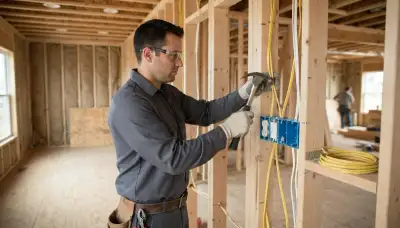 Electrician installing device boxes and cable during new construction wiring in Naperville, IL