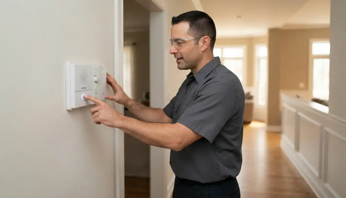 Electrician tests two-way audio between intercom stations in a Naperville, IL home
