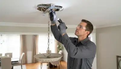Electrician inspects ceiling box and support brace for chandelier installation in Naperville, IL