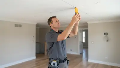 Electrician uses a stud finder and chalk line to mark recessed light positions in a Naperville, IL home