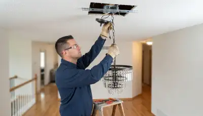 Electrician installing and wiring a chandelier on a rated brace in a Naperville, IL home