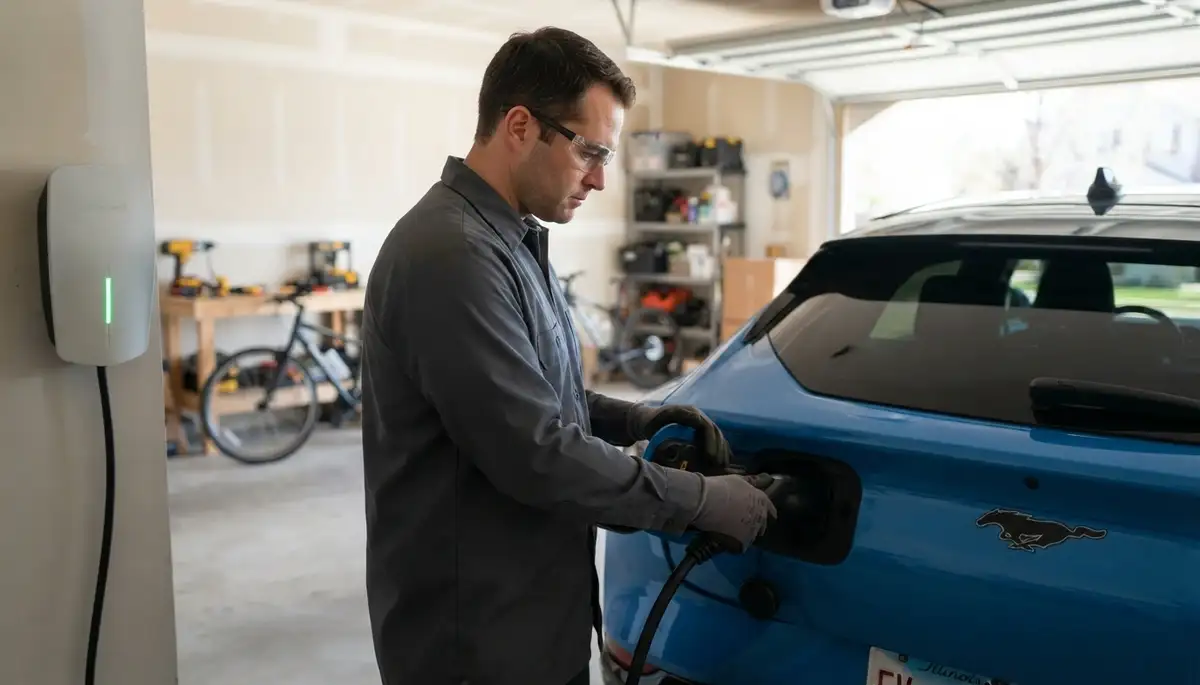 Technician verifies EV charger installation by connecting a charging cable in a Naperville, IL garage