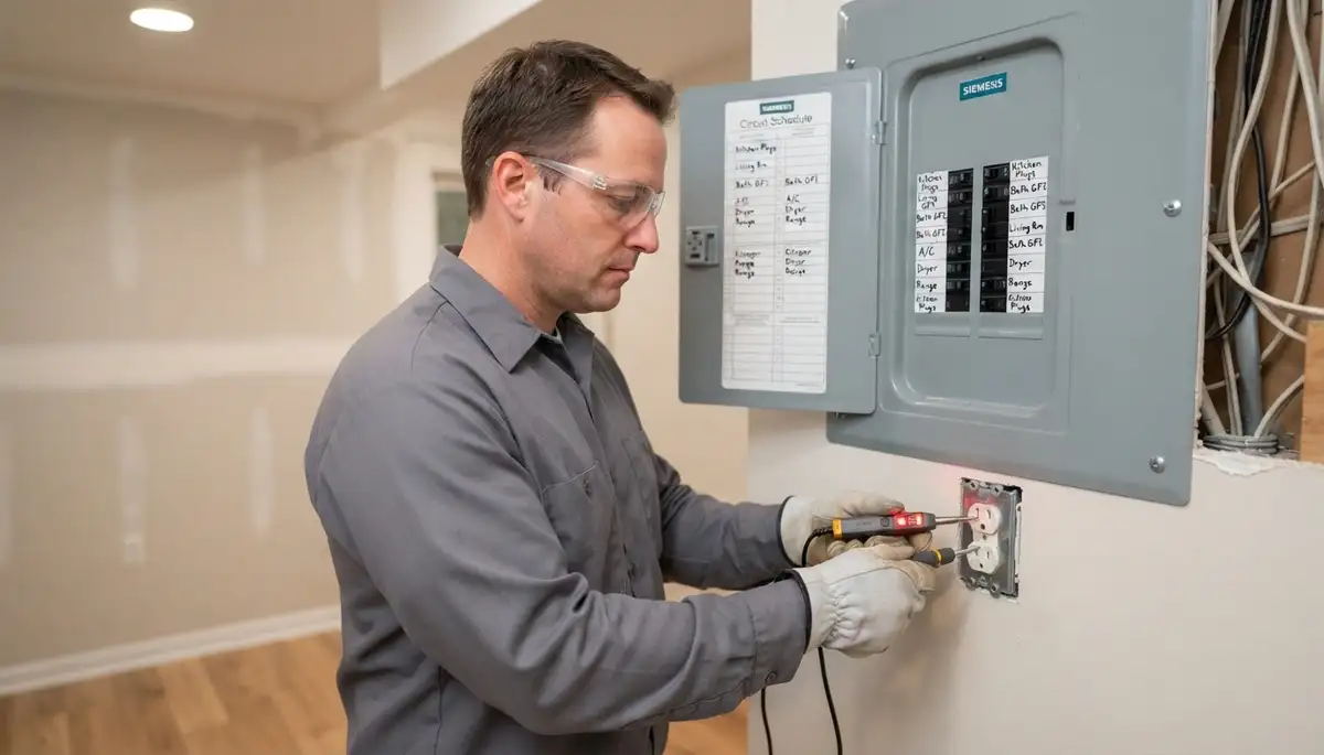 Electrician tests and labels circuits on an upgraded electrical panel in Naperville, IL
