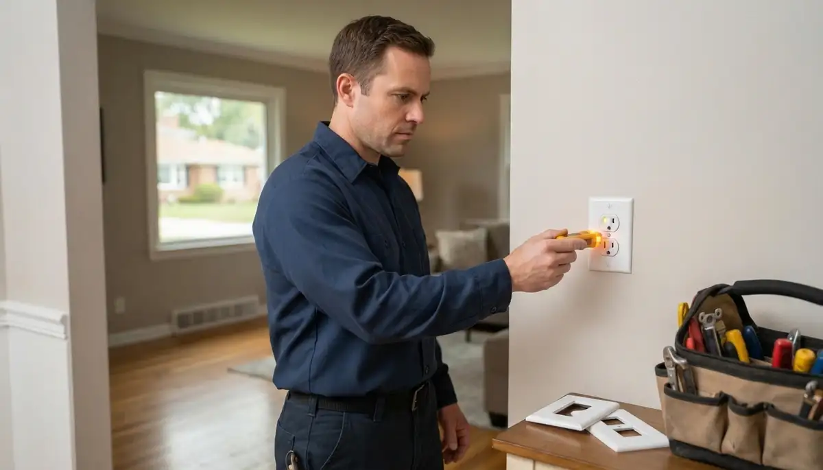 Electrician tests a completed electrical receptacle with a circuit tester in a Naperville, IL home