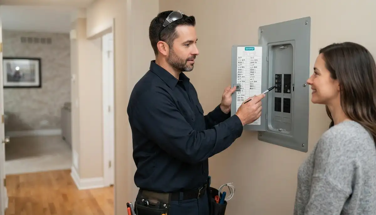 Licensed electrician reviews a labeled circuit directory with a homeowner in Naperville, IL