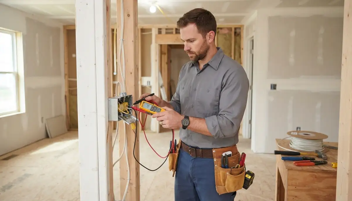 Electrician tests wiring continuity and polarity before drywall installation in a Naperville, IL home