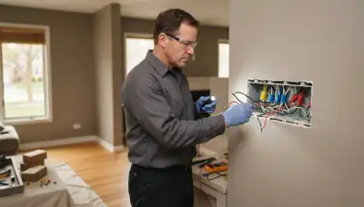 Electrician assessing lighting circuits at an open gang box for programmable lighting in a Naperville, IL home