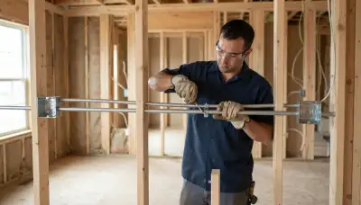 Electrician fastening conduit to stud framing during home electrical installation in Naperville, IL