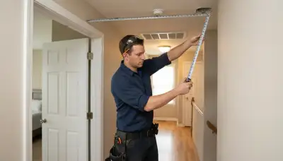 Electrician measuring smoke detector placement along a hallway ceiling in Naperville, IL