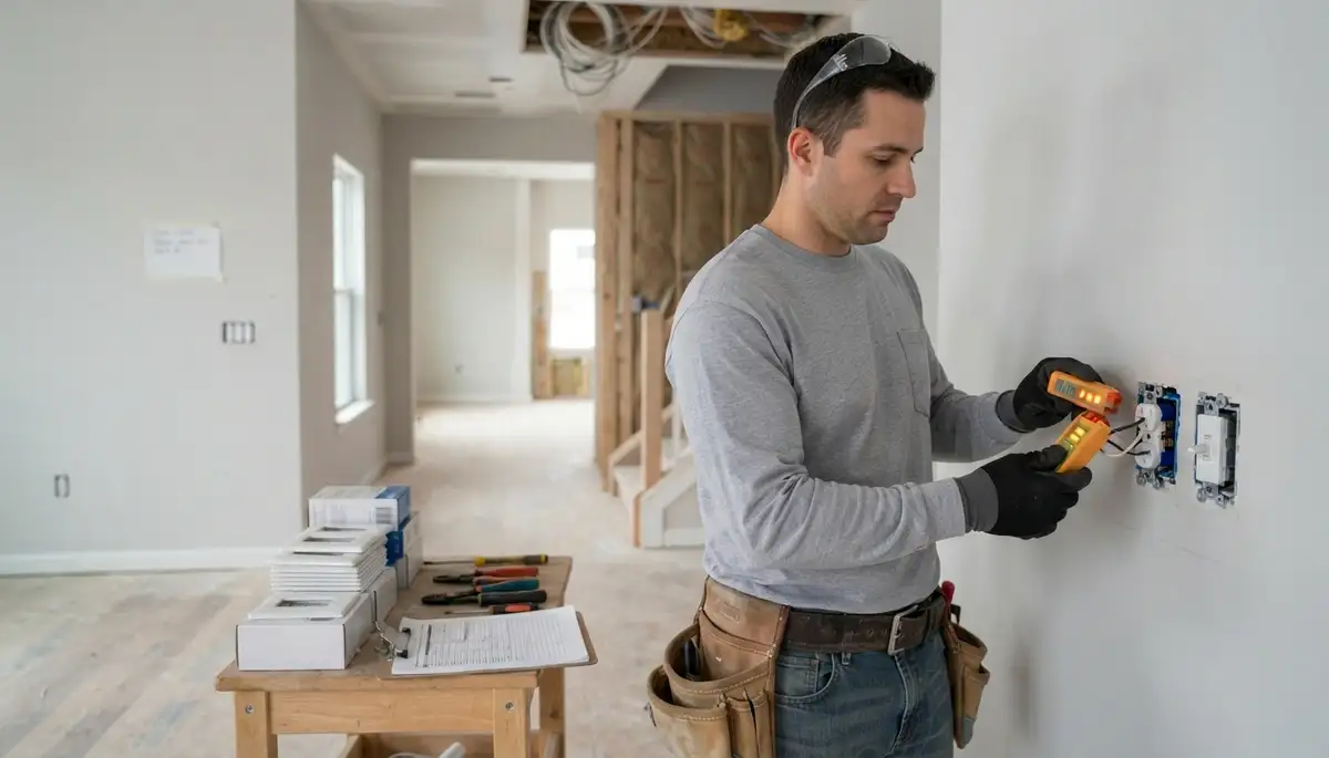 Electrician installs and tests receptacles and switches during new construction trim-out in Naperville, IL