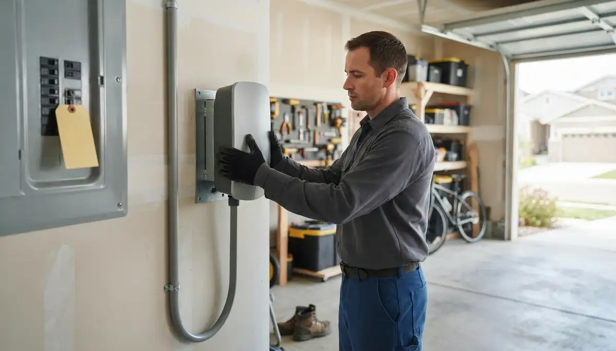 Electrician installing an EV charger with a dedicated circuit in a Naperville, IL garage
