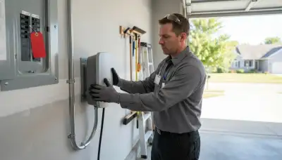 Electrician installing a Level 2 EV charger in a Naperville, IL garage