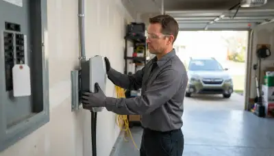 Electric vehicle charger installation by a Naperville, IL electrician with conduit to a garage wall-mounted charger