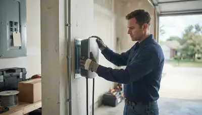 Electrician installing an EV charger with a dedicated circuit in a Warrenville, IL garage