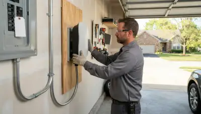 Electrician installs a wall-mounted Level 2 EV charger with conduit at a Naperville, IL home