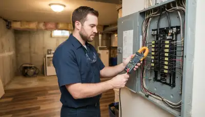 Electrician using a clamp meter at an electrical panel during a home energy audit in Naperville, IL