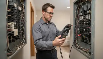 Naperville, IL electrician measures electrical load at an open panel with a clamp meter for a panel upgrade.