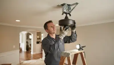 Electrician installs a fan-rated ceiling box and motor bracket for a ceiling fan in Naperville, IL