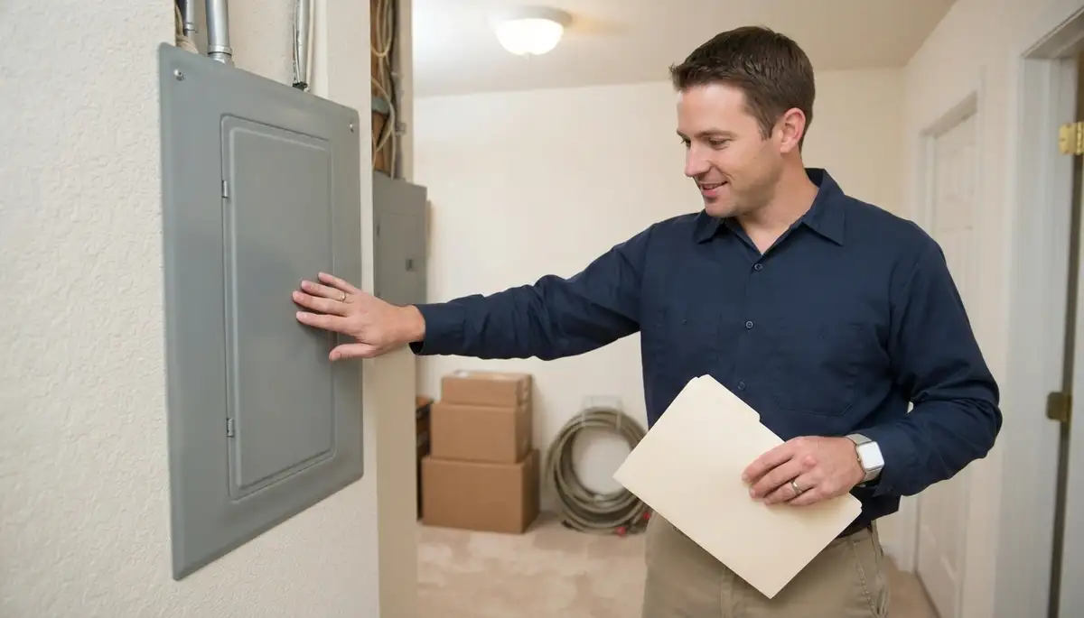 Electrician reviews prioritized home energy audit findings beside an electrical panel in Naperville, IL