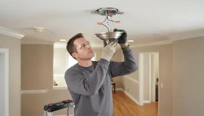 Electrician installing a ceiling light fixture and connecting wiring in a Naperville, IL home