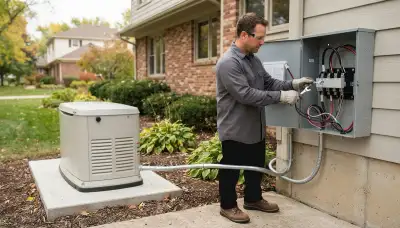 Naperville electrician wires a transfer switch beside a standby generator in Naperville, IL