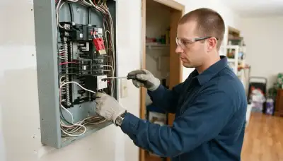 Electrician installing a GFCI breaker in a Naperville, IL home's main electrical panel