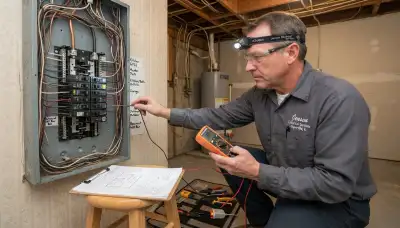 Electrician assessing GFCI circuits in an open electrical panel at a Naperville, IL home