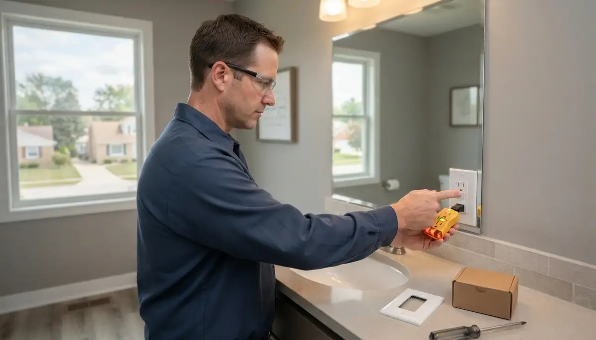 Electrician installing a GFCI outlet for wet-area safety in a Naperville, IL bathroom