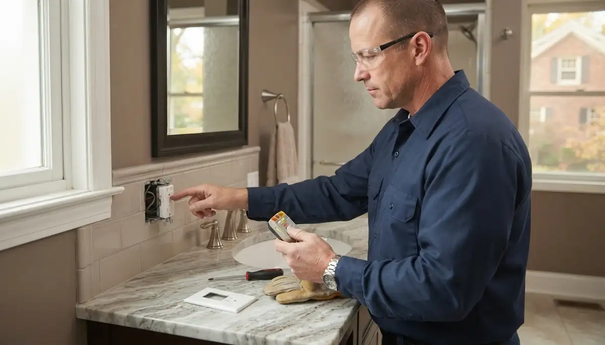 Naperville electrician installing a GFCI outlet for wet-area shock protection in a bathroom