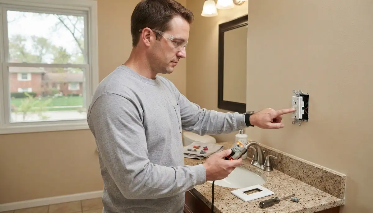 Electrician installing GFCI outlet for wet areas in Naperville, IL