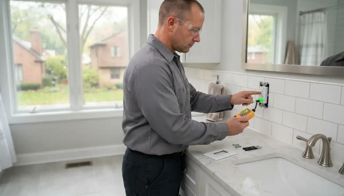 Electrician installing a GFCI outlet for wet-area ground-fault protection in Naperville, IL