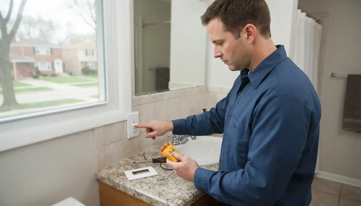 Electrician installing a GFCI outlet near a wet-area sink in Naperville, IL