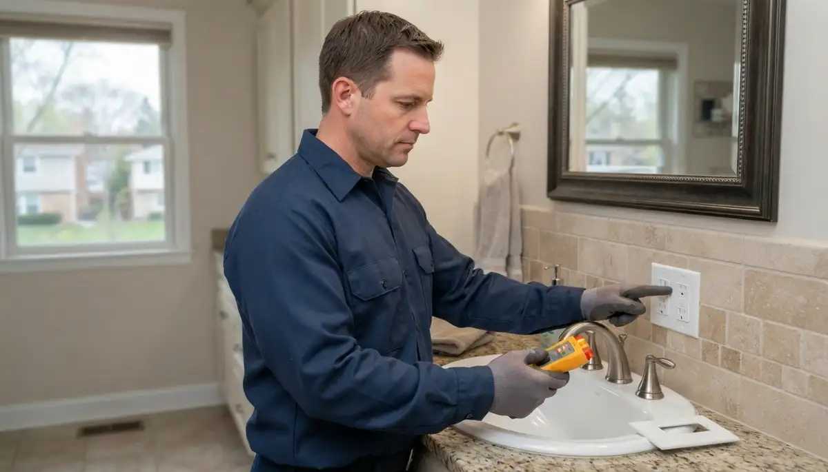 Electrician installing a GFCI outlet near a sink in a Naperville, IL bathroom