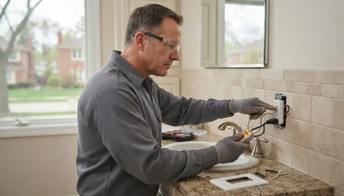 Electrician installing a GFCI outlet near a Naperville, IL kitchen sink for wet-area shock protection