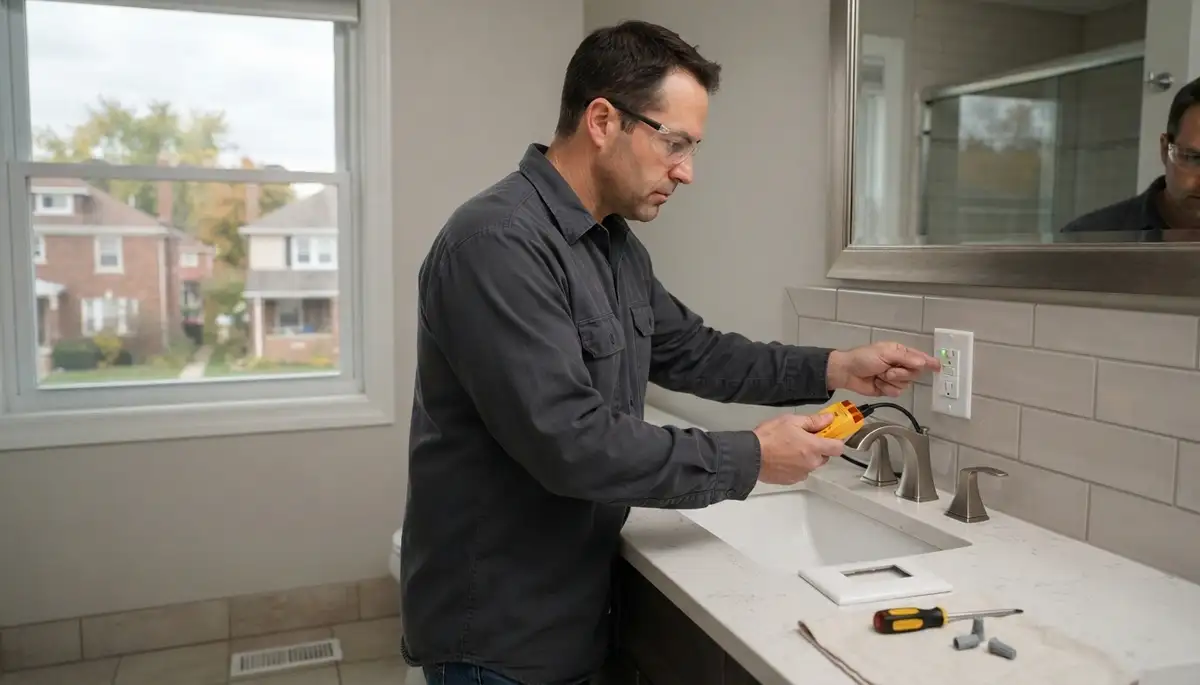 Naperville, IL electrician installing a GFCI outlet near a bathroom sink for wet-area electrical safety