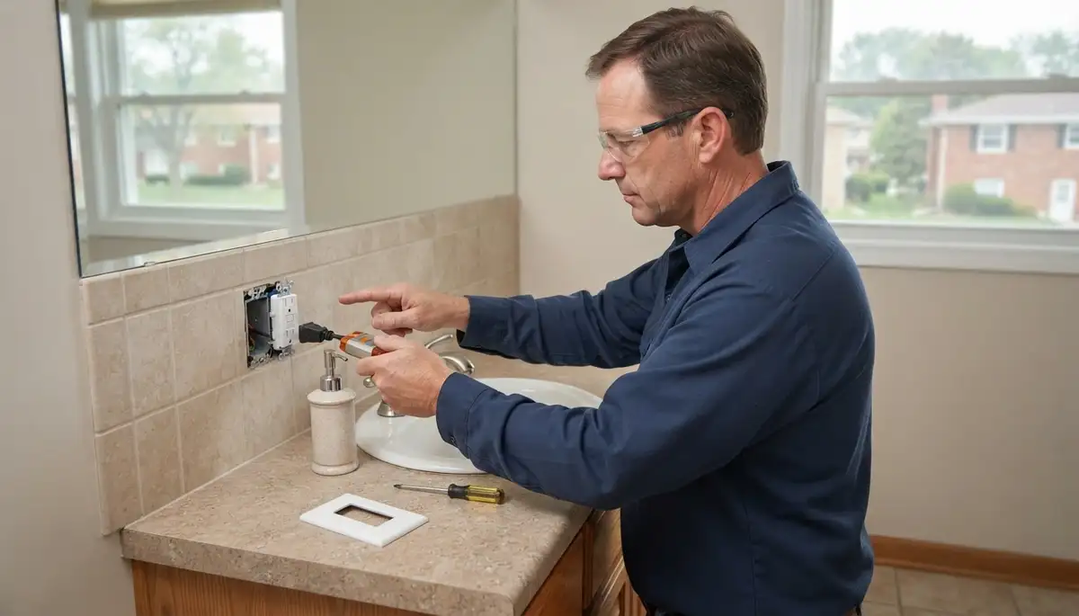 Electrician installing a GFCI outlet for ground-fault protection in a Naperville, IL bathroom