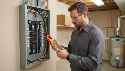 Electrician measures electrical load at an open service panel for a heater circuit in Naperville, IL