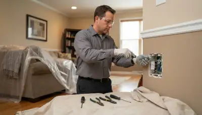 Residential electrician performing circuit work in a furnished Naperville, IL home with protective drop cloths