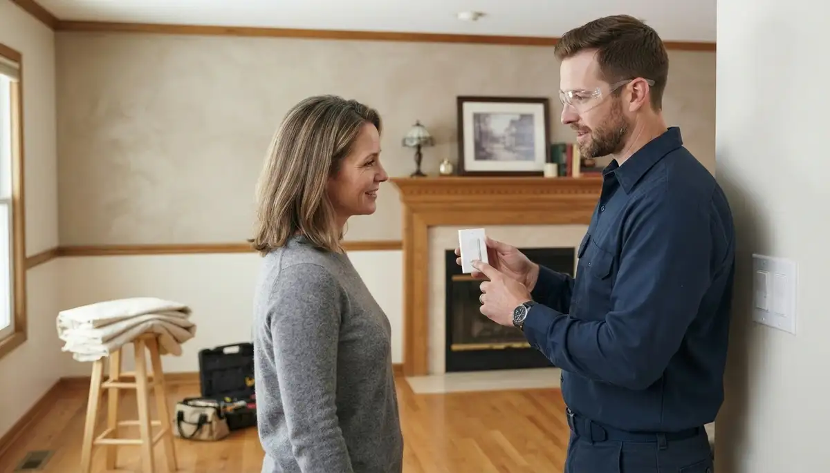 Residential electrician explains a new electrical device to a homeowner in Naperville, IL