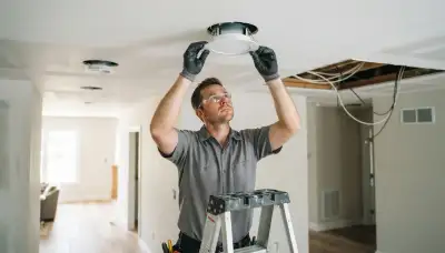 Electrician clipping recessed light trim into ceiling housing in a Naperville, IL home
