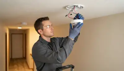 Electrician wiring an interconnected smoke detector during home installation in Naperville, IL